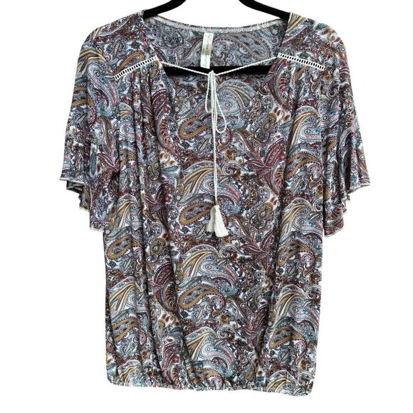PerSeption Concept Tops - PerSeption Paisley Boho Festival Top Hippie Flutter Sleeve Tassel Ethereal M